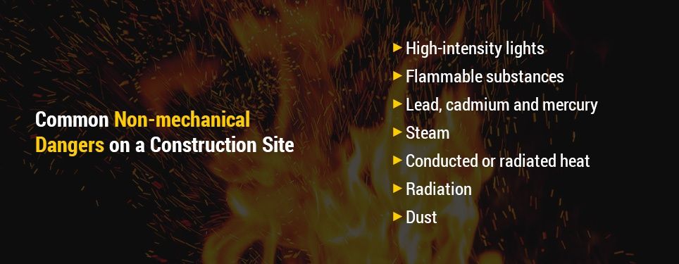 Common non-mechanical dangers on a construction site include: High-intensity lights like welding flashes and lasers Flammable substances Lead, cadmium and mercury Steam Conducted or radiated heat Radiation like X-rays and microwaves Dust